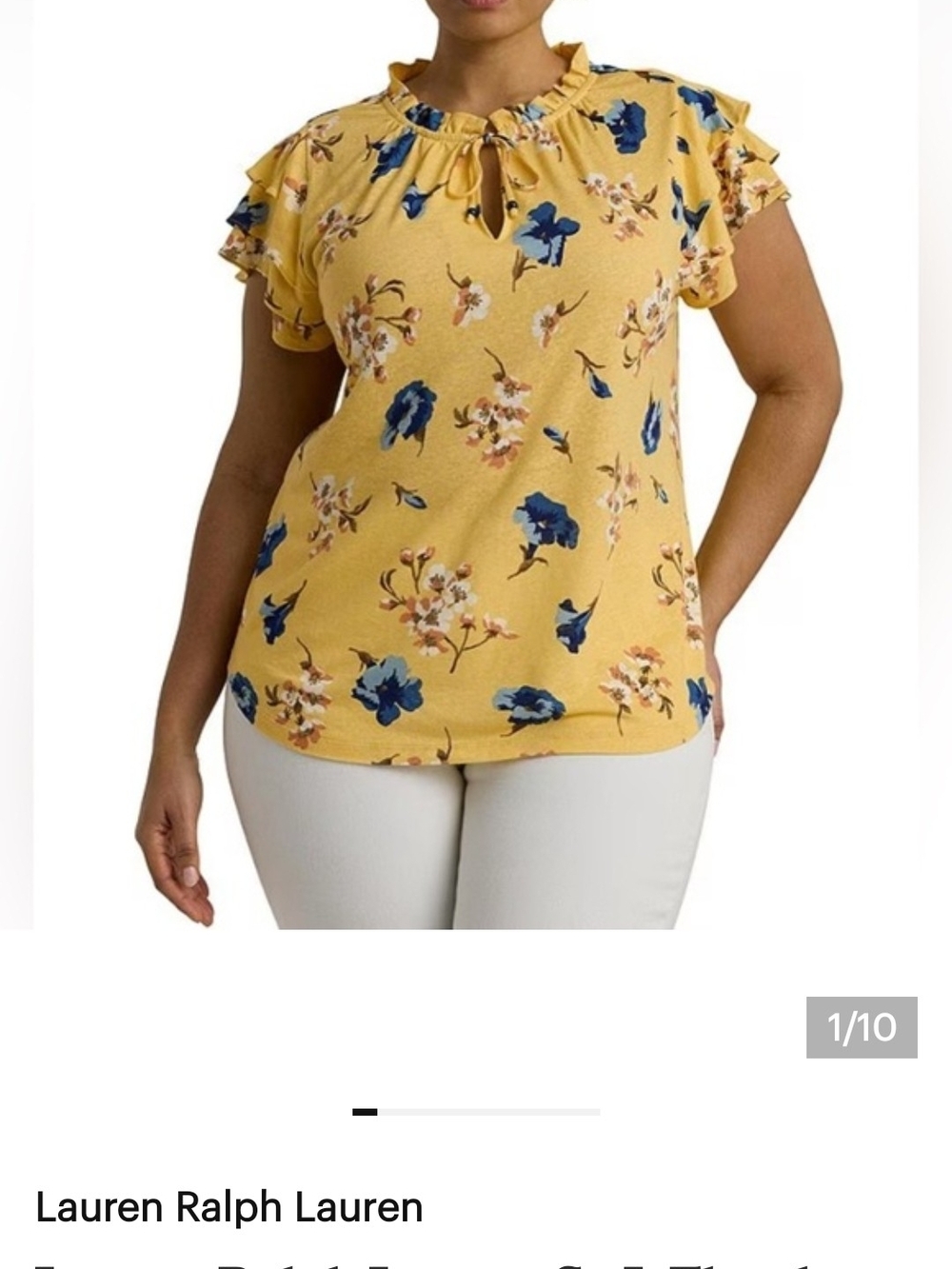 Ralph Lauren Yellow Floral Ruffle Sleeve Tie-Neck Top
